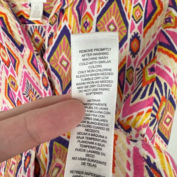 Chico's | Sz 0 Ikat 100% Linen Button-Back No Iron Colorful Button Up Shirt - Picture 13 of 14